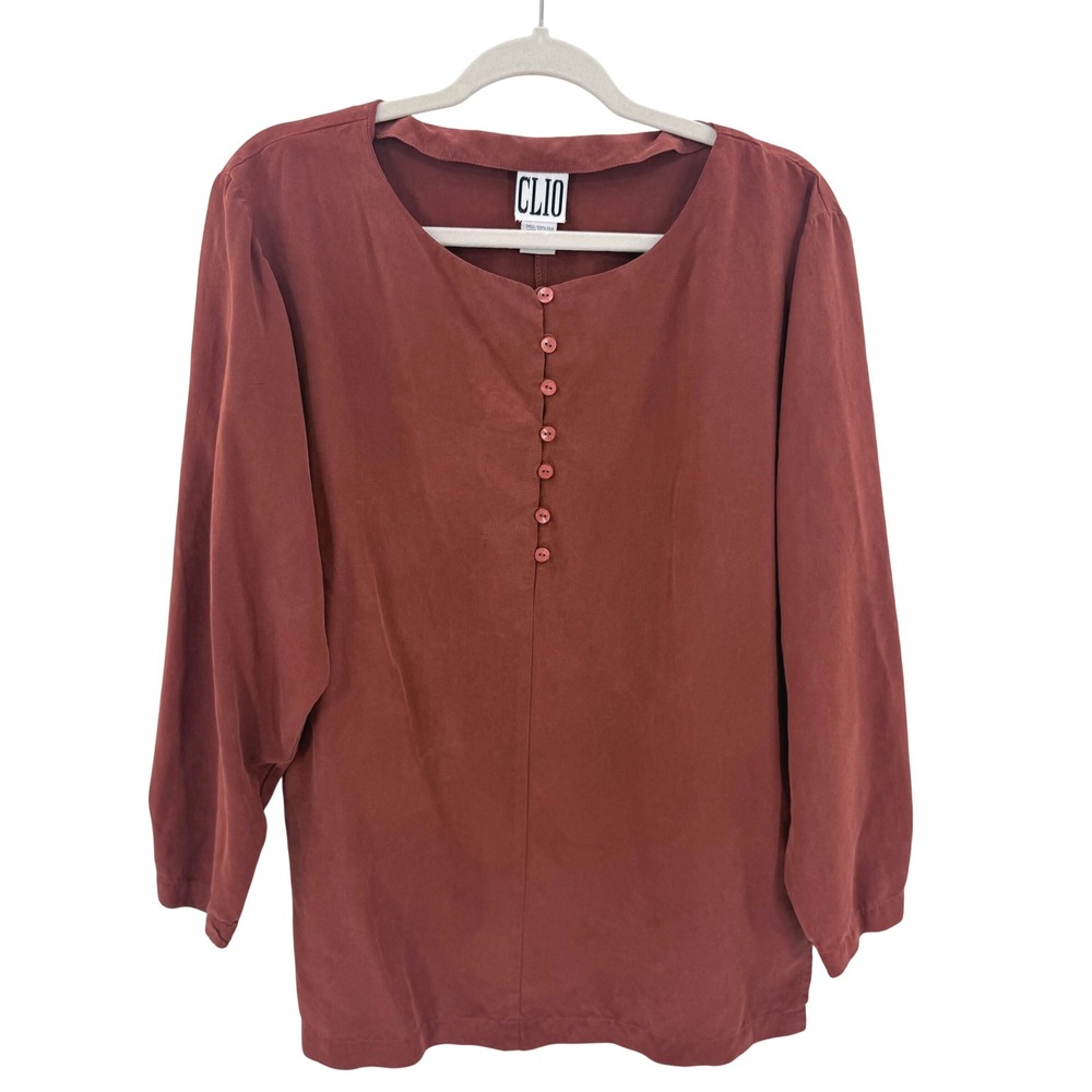 Clio Womens Rust Terracotta 100% Silk Long Sleeve Button Front Blouse Size M